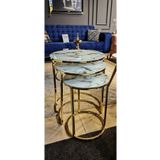 Sedaş Avm Beyaz Mermer Desenli Kırılmaz Cam 3'Lü Gold Metal Zigon Sehpa