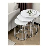 SEDAŞ LIVING UNITS 3' LÜ BEYAZ KIRILMAZ (TEMPERLİ) CAM NİKEL (GÜMÜŞ) AYAK LENKA METAL SEHPA
