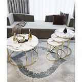 Sedaş Living Units 4 Lü Beyaz Mermer Temperli Kırılmaz Cam Gold Metal Ayaklı Cam C Model Sehpa Takımı (Zigon ve Orta) - 70 X 45 , 47 X 50