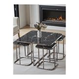 SEDAŞ LIVING UNITS 5 Li 4 1 Siyah Mermer Temperli Cam Gümüş Metal Ayak Takım Sehpa Orta Sehpa Bohem