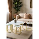 SEDAŞ LIVING UNITS 5 Li Sehpa Beyaz Temperli Cam Gold Metal Ayak Takım Sehpa Orta Sehpa Bohem lüx masa