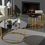 Sedaş Living Units Lenka 4 Lü Zigon Orta Sehpa Takımı Yuvarlak Siyah Temperli Cam Gold Metal 70 cm Derinlik