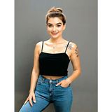 Sedirli Ince Askılı Crop Pamuklu Penye Kumaş Kadın Bluz Büstiyer - Siyah