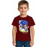 Sedirli Unisex Sonic Baskılı Çocuk Tişört Pamuklu Penye Kumaş - Bordo - 5 - 6 Yaş