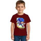 Sedirli Unisex Sonic Baskılı Çocuk Tişört Pamuklu Penye Kumaş - Bordo - 7 - 8 Yaş