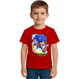 Sedirli Unisex Sonic Baskılı Çocuk Tişört Pamuklu Penye Kumaş - Kırmızı - 5 - 6 Yaş