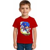 Sedirli Unisex Sonic Baskılı Çocuk Tişört Pamuklu Penye Kumaş - Kırmızı - 7 - 8 Yaş