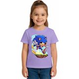 Sedirli Unisex Sonic Baskılı Çocuk Tişört Pamuklu Penye Kumaş - Lila - 11 - 12 Yaş