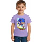 Sedirli Unisex Sonic Baskılı Çocuk Tişört Pamuklu Penye Kumaş - Lila - 7 - 8 Yaş