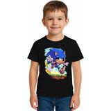 Sedirli Unisex Sonic Baskılı Çocuk Tişört Pamuklu Penye Kumaş - Siyah - 3 - 4 Yaş