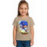 Sedirli Unisex Sonic Baskılı Çocuk Tişört Pamuklu Penye Kumaş - Taş - 7 - 8 Yaş