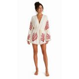 Sedna Kadın Ekru Müslin Kimono Bornoz – Kuşaklı, Püskül Detaylı, Oversize Rahat Kesim Plaj & Ev Giyim L/XL Kırmızı Mercan