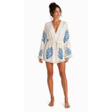 Sedna Kadın Ekru Müslin Kimono Bornoz – Kuşaklı, Püskül Detaylı, Oversize Rahat Kesim Plaj & Ev Giyim Mavi L/XL