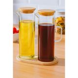 Sedoa 3 Parça 400 ml Borosilikat Yağlık - Bambu Altlık ve 2 Adet Bambu Kapaklı Cam Yağdanlık - 001-Renkli