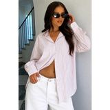 Seeh Bej Çizgili Düğme Detaylı Oversize Uzun Kollu Kadın Gömlek SH180