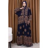 Sefa Merve Balon Kol Çini Desen Elbise 5575-01 Lacivert - 42 - 46