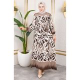 Sefa Merve Beli Lastikli Desenli Elbise 7127-01 Kahverengi - 38