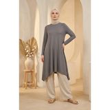 Sefa Merve Bürümcük Kumaş Asimetrik Kesim Uzun Tunik 0562-04 Antrasit - 46