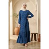 Sefa Merve Bürümcük Kumaş Çiçek Desenli Kuşaklı Tesettür Elbise 0580-05 Saks Mint Yeşili - 38