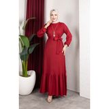 Sefa Merve Bürümcük Kumaş Çizgili Kuşaklı Tesettür Elbise 0908-01 Bordo - 50