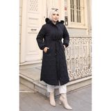 Sefa Merve Büyük Beden Beli Bağcıklı Kapüşonlu Mont 6343-01 Siyah - 44