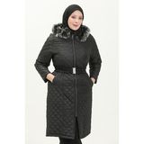 Sefa Merve Büyük Beden Kapitone Kürklü Şişme Mont 5058-04 Siyah