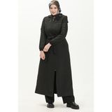 Sefa Merve Büyük Beden Kapüşonlu Fermuarlı Pardesü 0478-06 Siyah - 48