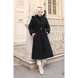 Sefa Merve Büyük Beden Kapüşonlu Kemerli Mont 6322-01 Siyah - 52