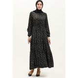 Sefa Merve Büzgülü Desenli Elbise 81802-01 Siyah - 38