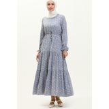 Sefa Merve Büzgülü Desenli Elbise 81802-02 Mavi - 38
