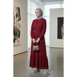 Sefa Merve Büzgülü Dokulu Kuşaklı Elbise 2242-06 Bordo - 38 - 40