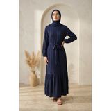 Sefa Merve Büzgülü Kuşaklı Elbise 0551-02 Lacivert - 40