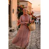 Sefa Merve Çiçek Desenli Belden Bağlamalı Tesettür Elbise 0295-01 Gül Kurusu - 52 - 54