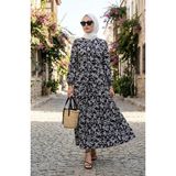 Sefa Merve Çiçek Desenli Kat Kat Kuşaklı Elbise 0281A-01 Siyah Beyaz - 40
