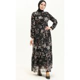 Sefa Merve Çiçek Desenli Şifon Elbise 81823-01 Siyah - 38