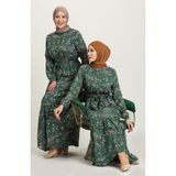 Sefa Merve Çiçek Desenli Viskon Elbise 5068-02 Yeşil - 40