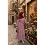 Sefa Merve Çizgili Keten Beli Lastikli Kuşaklı Tesettür Elbise 0323-01 Mürdüm - 50 - 52