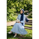 Sefa Merve Çizgili Keten Beli Lastikli Kuşaklı Tesettür Elbise 0323-04 Mavi - 50 - 52