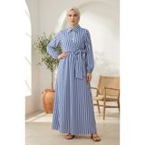 Sefa Merve Çizgili Keten Beli Lastikli Yandan Bağlamalı Tesettür Elbise 0322-05 Saks - 50 - 52