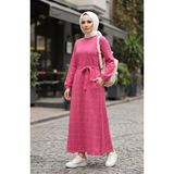 Sefa Merve Çizgili Kuşaklı Kolu Lastikli Kışlık Elbise 2505-03 Pembe - Pembe - 42 - 44