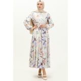 Sefa Merve Desenli Büzgülü Elbise 5950-01 Bej - 36