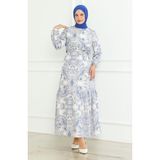 Sefa Merve Desenli Kuşaklı Keten Elbise 0471C-01 Saks - 42 - 44