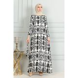 Sefa Merve Desenli Kuşaklı Viskon Elbise 0499-02 Beyaz Siyah - 38 - 40