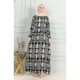 Sefa Merve Desenli Kuşaklı Viskon Elbise 0499-09 Siyah Beyaz - 38 - 40