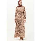 Sefa Merve Desenli Tesettür Uzun Elbise 8648-01 Kahverengi - 38 - 40