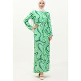 Sefa Merve Desenli Tesettür Uzun Elbise 8648-02 Yeşil - 38 - 40
