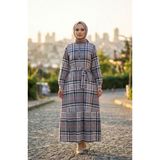 Sefa Merve Ekose Desenli Kuşaklı Tesettür Elbise 2218-03 Gri Pudra - 42 - 44