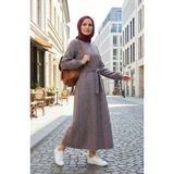 Sefa Merve Ekose Desenli Kuşaklı Tesettür Elbise 2219-03 Lacivert Kırmızı - 46 - 48