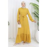 Sefa Merve Eteği Fırfırlı Kuşaklı Elbise 4103-06 Sarı - Sarı - Sarı - 46 - 48