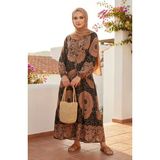 Sefa Merve Etnik Desen Kat Kat Viskon Tesettür Elbise 2199-03 Sütlü Kahve Siyah - 38 - 40